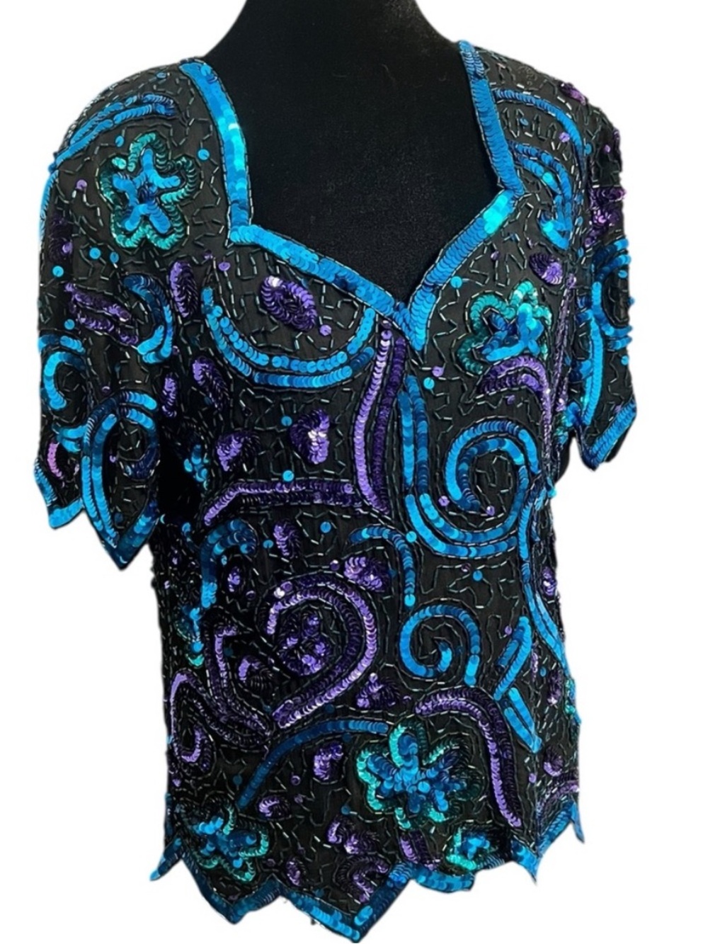 Vintage Laurence Kazar Black Sequin Silk Top Petite Small